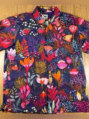 Yiume Mens L Floral Hawaiian Shirt Botanical Aloha 100% Cotton Button Up